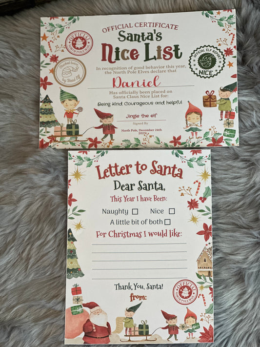 SANTAS NICE LIST CERTIFICATE AND LETTER TO SANTA