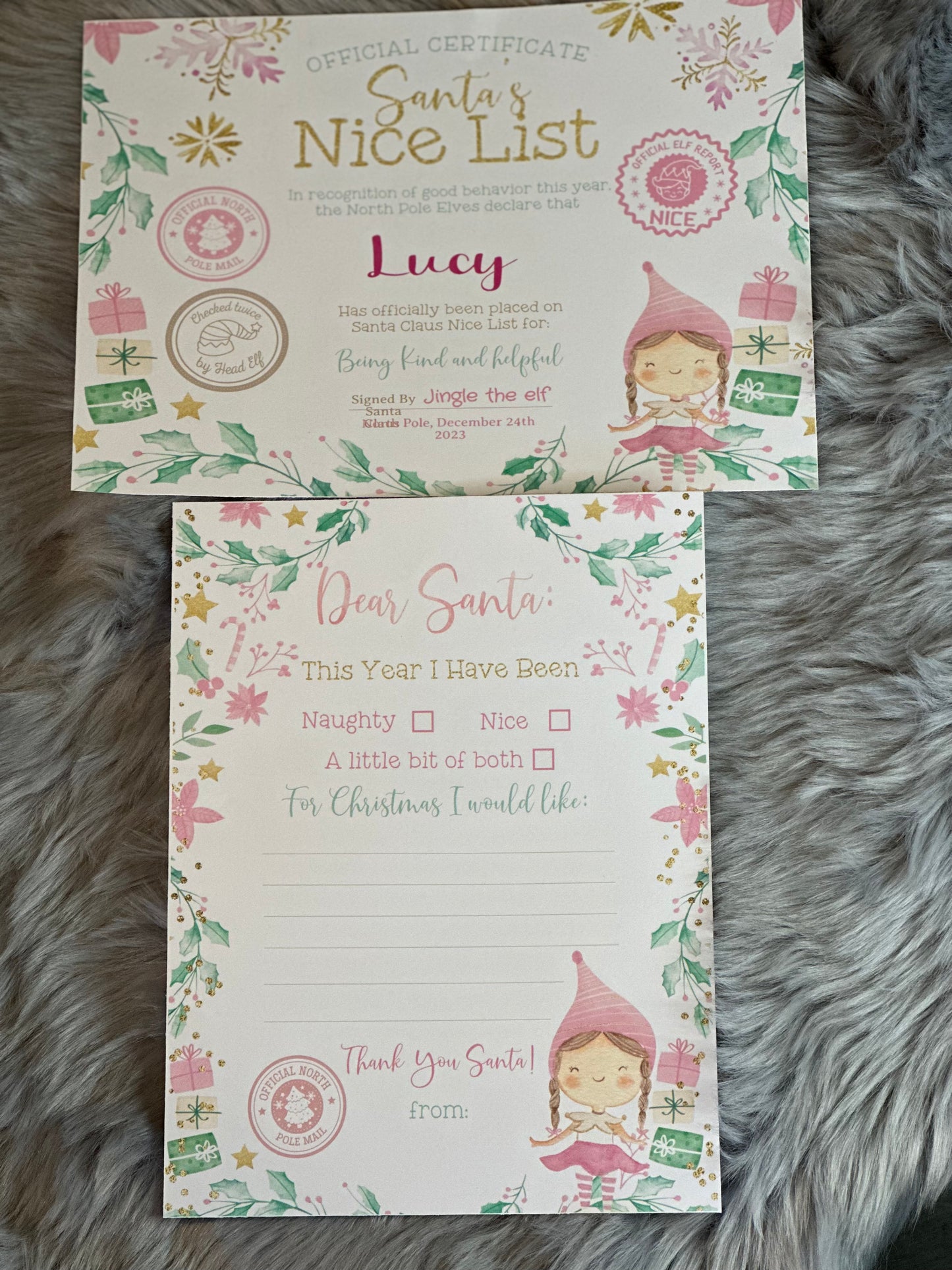 GIRLS NICE LIST CERTIFICATE  AND LETTER TO SANTA PACK